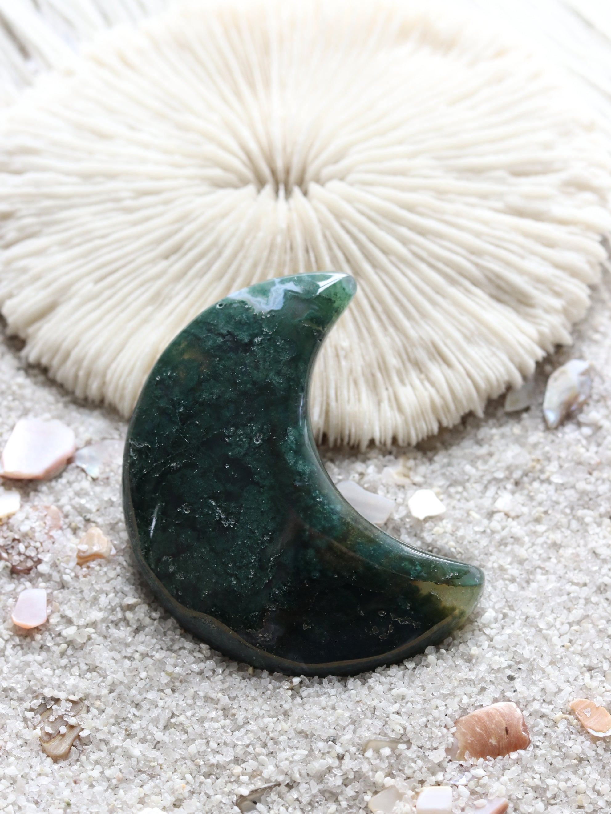 Moss Agate Moon Palm Stone